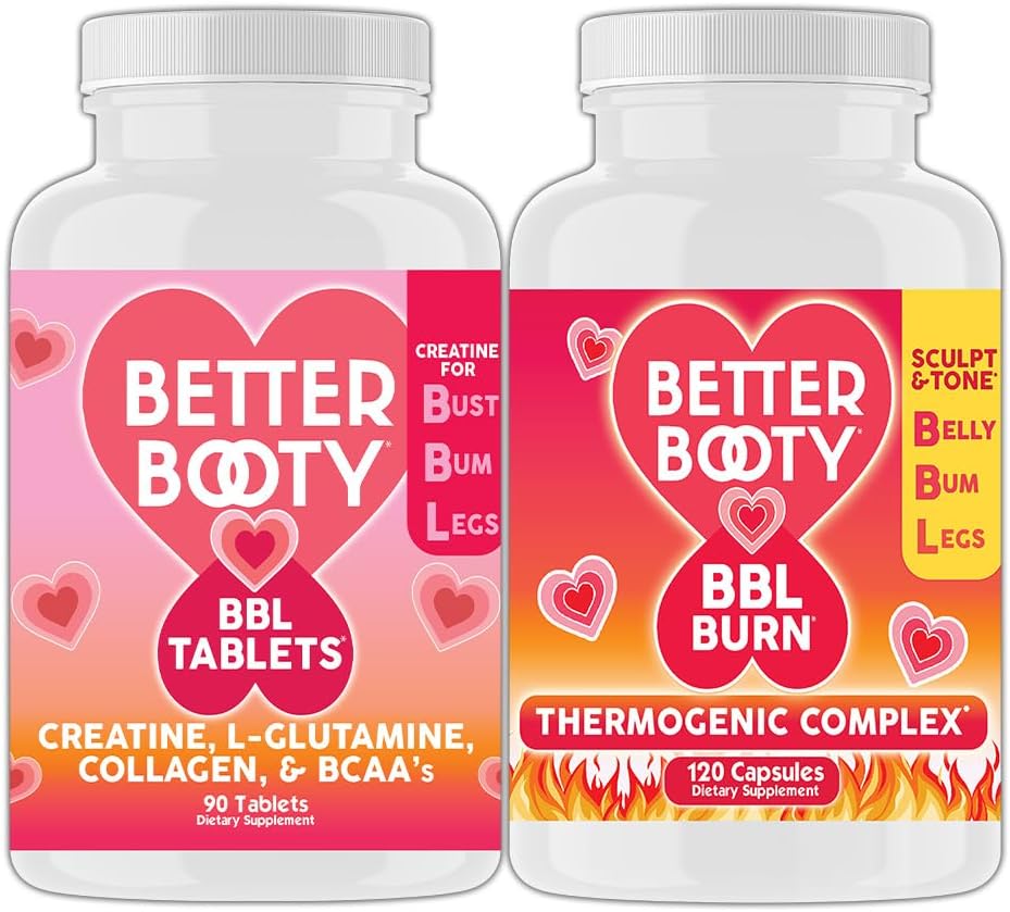 Piktas papildai geriau Bootis Moterys Kreatino BBL Combo: BBL tabletės (90ct) w. Kreatinas, glutaminas, BCAA, Collagen + BBL Burn Termogeniniai kapsulės (120ct)