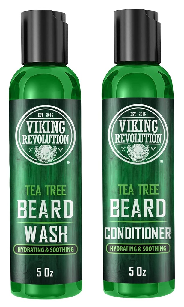 Viking Revolution Tea Tree Beard Wash og Conditioner sæt til mænd - Naturligt skæg blødgøringsmiddel med Argan Oil, E-vitamin og Ginseng (5 Oz)