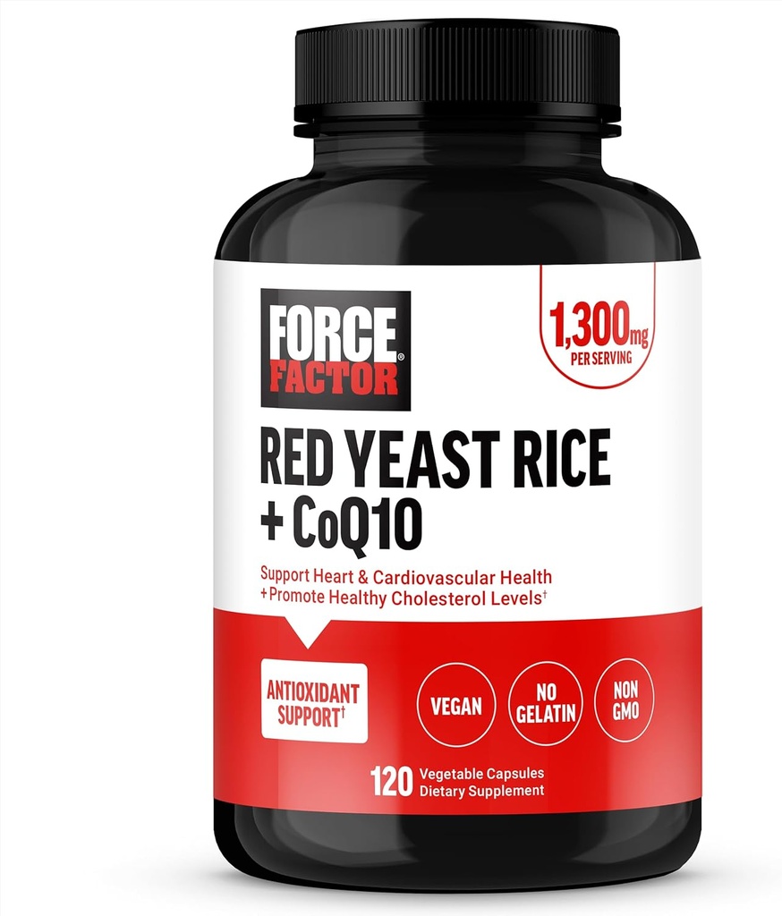 FORCE FACTOR Red Yeast Rice + CoQ10 osagarria Antioxidatzaileentzako, Ez-GMO, Vegan-Friendly, Premium Quality, 120 kapsula
