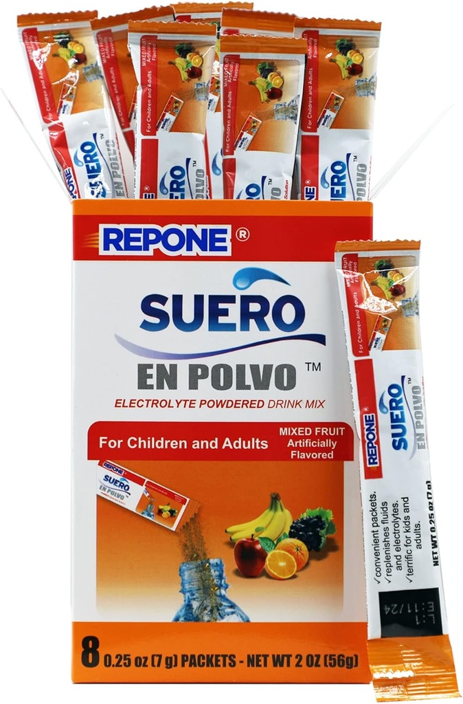 REPONE SUERO Elektrolyt Pulverlösung Frucht Geschmack, 8 Oz-Packets, 1 Box mit 8 Packungen.