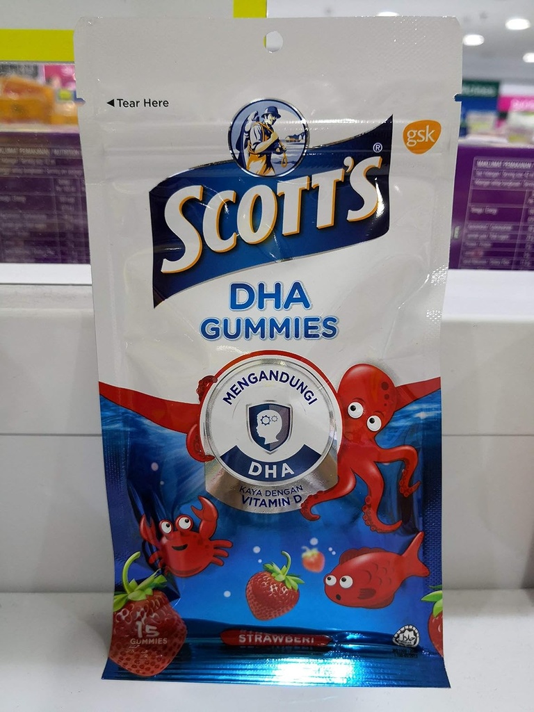 Công ty DHA Gummies của Scott, Strawberry Fivaur, 15s,Vitamin D, Essental for Healthy & Development in Children and Healthy Imune jaws.