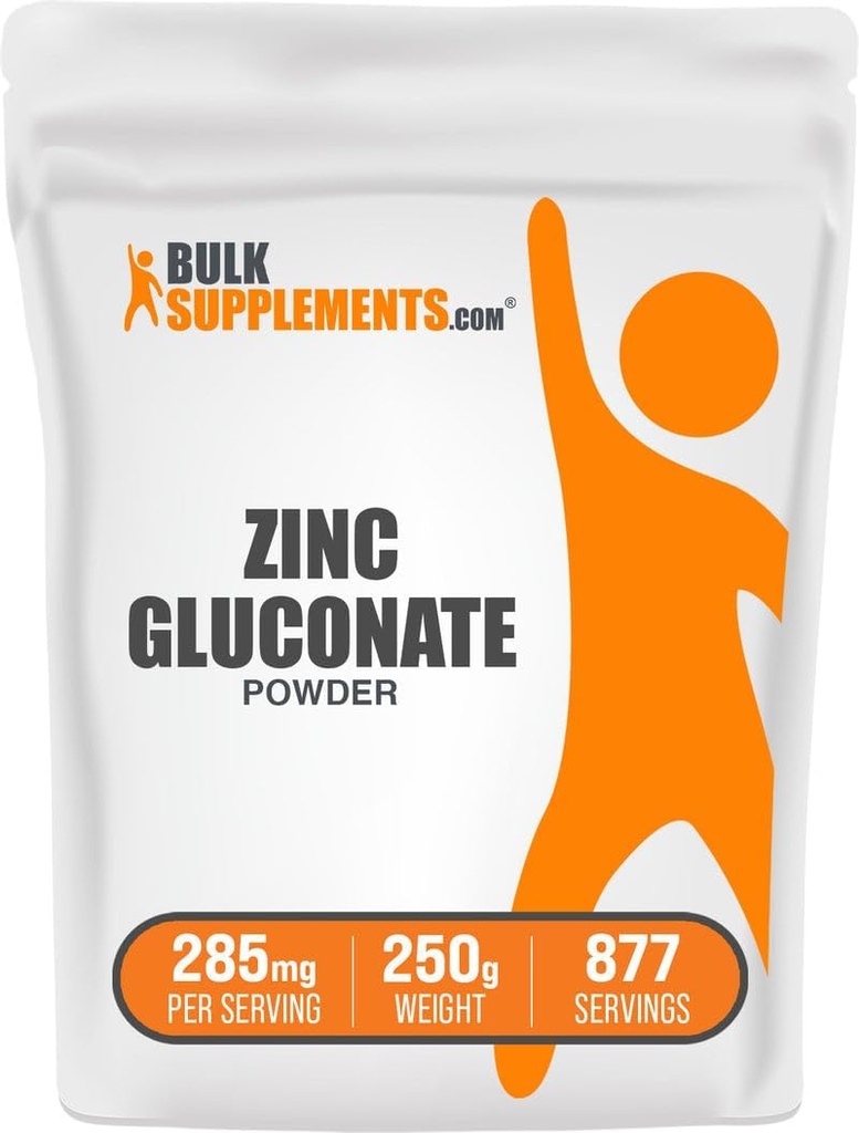 BulkSupplements.com Zinc Gluconate Powder - Zinc 40mg, Mineral Supplement for Immune Support - Gluten Free, 285mg por Serving, 250g (8.8 oz) (Pack of 1)