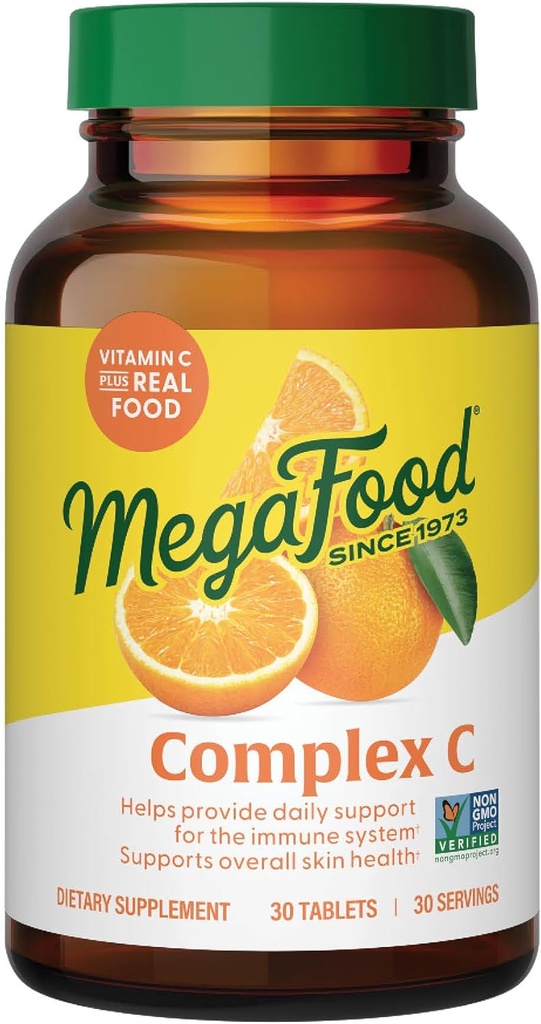 MegaFood Complex C - Veganski Imunska podpora dodatek z vitaminom C 250 mg, Made with Real Food Vključno z Orange, Cranberry & Brown Rice, Gluten-free, Kosher - 30 tablet, 30 Servings