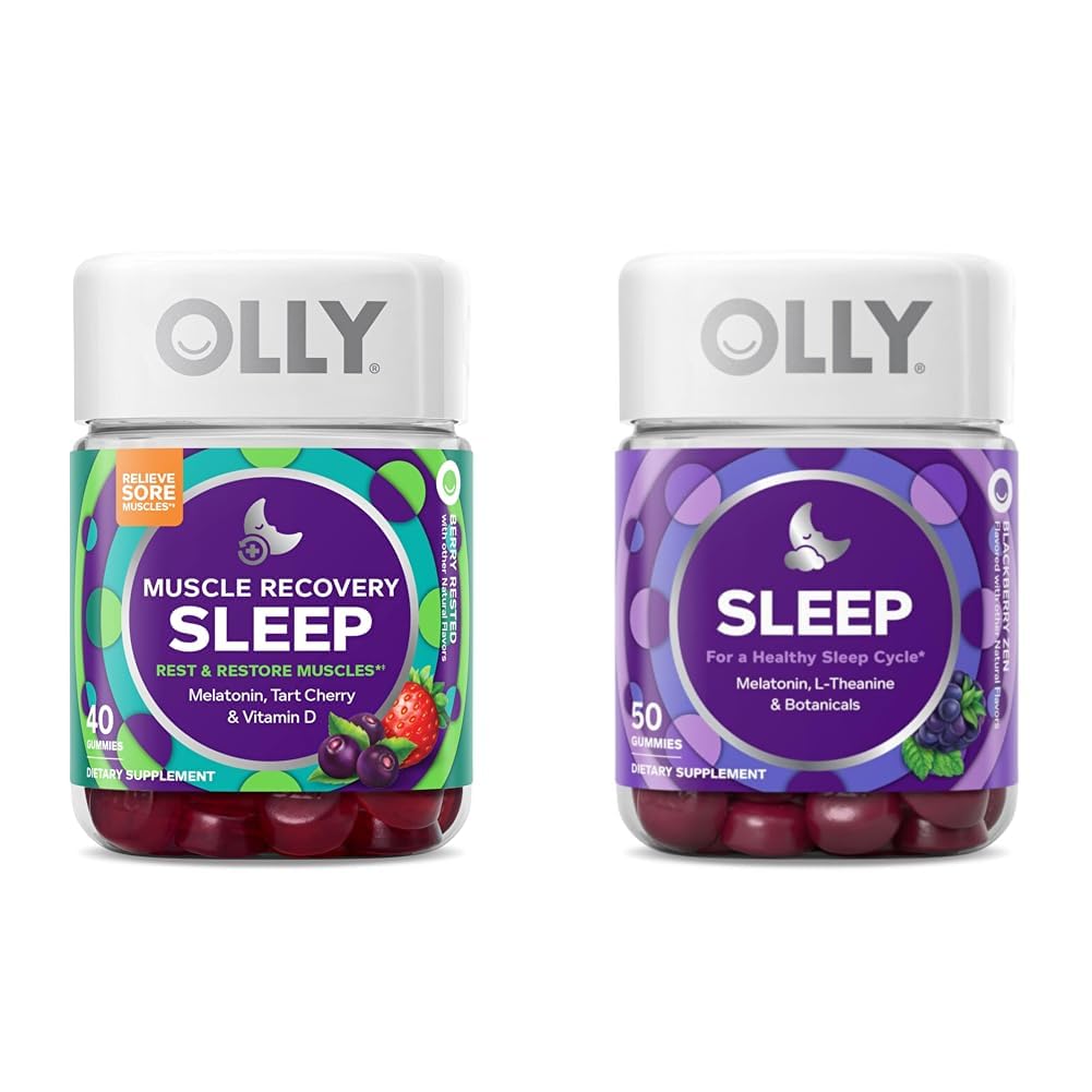 OLLY Muscle Recovery Sleep Gummies with Melatonin, Tart Cherry, Vitamin D, 40 Count Sleep Gummy with Melatonin, L-Theanine, Chamomile, 50 Count
