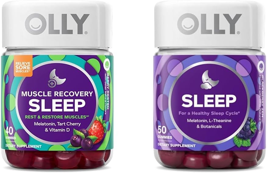 OLLY Muscle Recovery Sleep Gummies with Melatonin, Tart Cherry, Vitamin D, 40 Kont Sleep Gummy with Melatonin, L-Theanine, Chamomile, 50 Count Count Count
