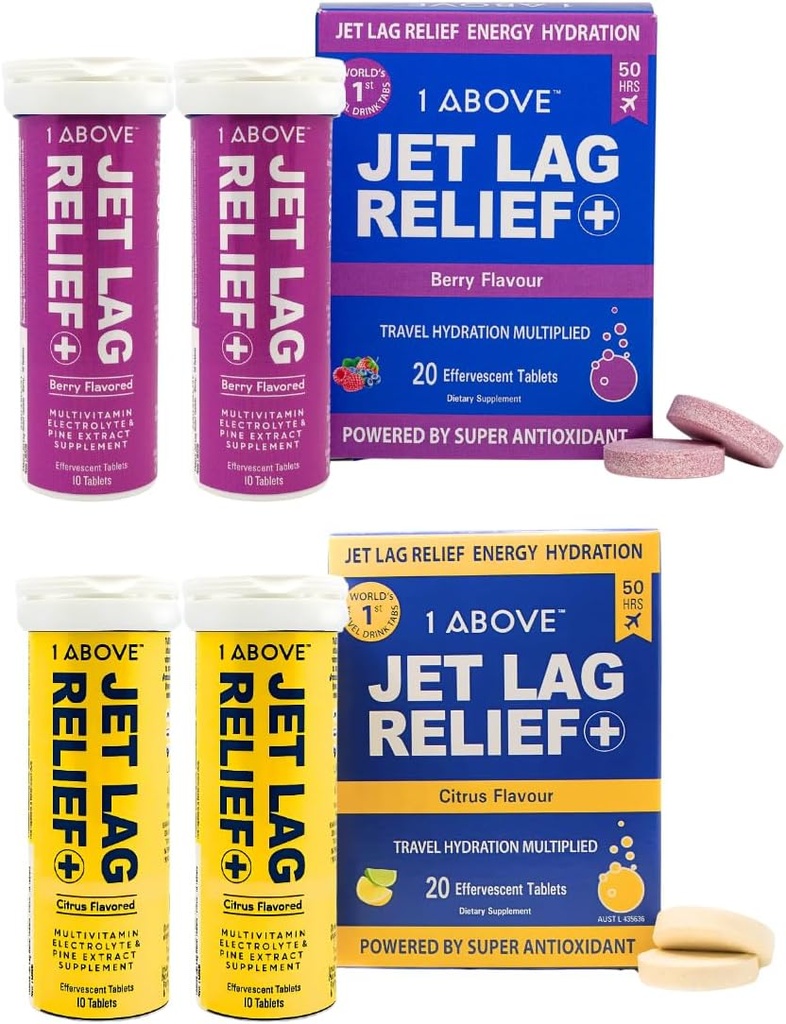1ABOVE Jet Lag Relief Effervescent Multivitamin s Pycnogenol Travel dodatek za hidracijo, energijo, imunske podpore in hitrejše okrevanje - Flight Essential - Citrus 20 Count in Berry 20 Count