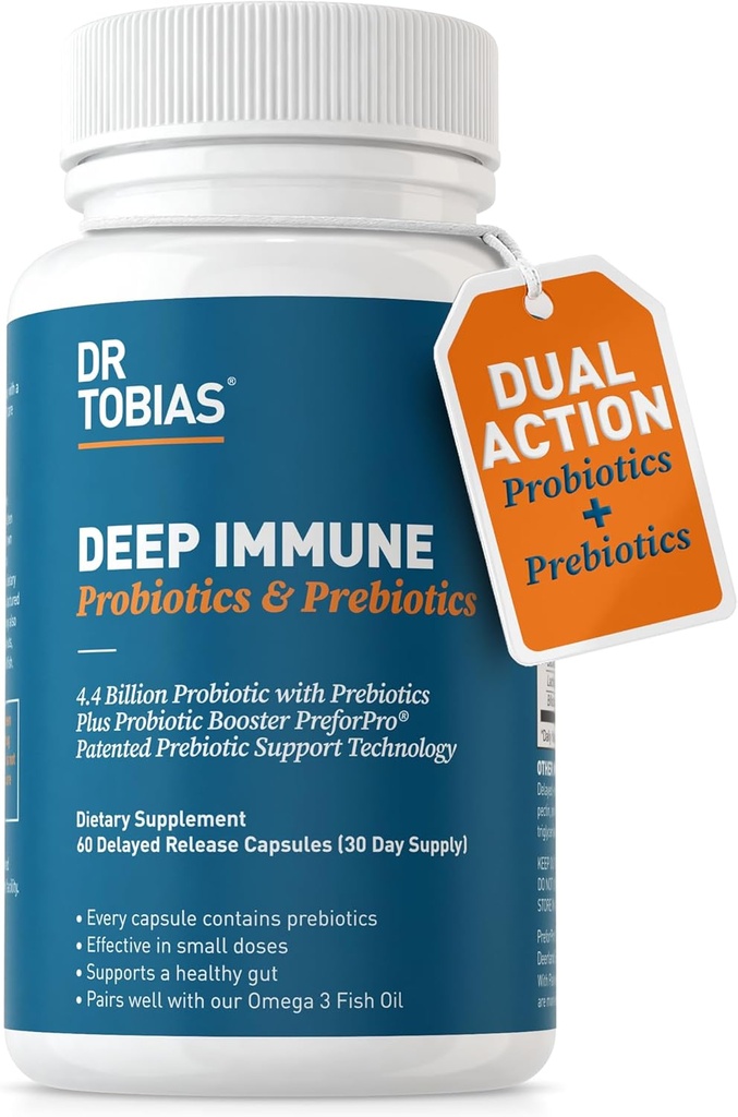 Д-р Tobias Deep Имунни пробиотици & Prebiotics, Dual Action Digestion & Имунна подкрепа с PreforPro Prebiotics & Забавена версия Спора Формиране на пробиотици за жени и мъже, 60 капсули, 30 Сервиз