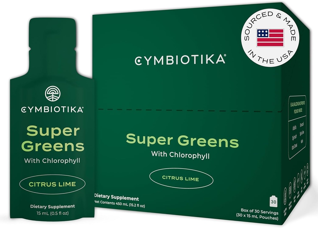 CYMBIOTIKA 超级绿地补充氯酚,Spiruina, 维冈日报超级食品包,用于消化脂肪健康,解毒,能源和免疫支持,Citrus Lime Flavor, 15毫升邮袋, 30包