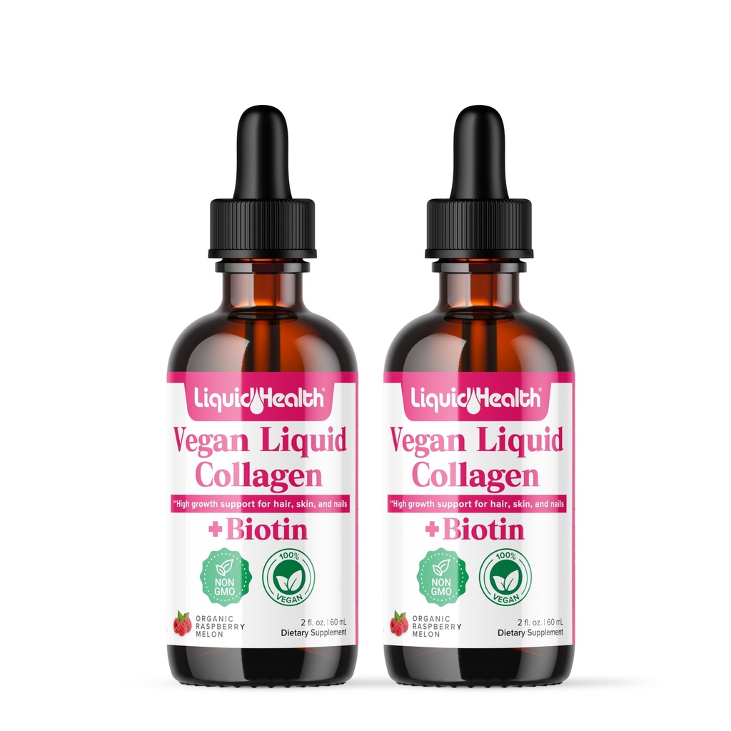 LIQUIDHEALTH 100% Vegan Collagen Plus Biotin 100,000mcg Liquid Drops - Plant-Based Liquid Collagen for Women & Men - Hair & Nail Growth, Skin Health, Boosts Metabolism - Made in USA, Non-GMO (2 Pack)