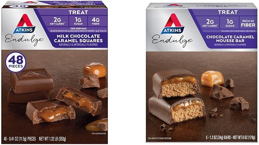 Atkins Endulge Milk Chocolate Caramel Squares 48 Count & Colamel Mousse Bars 5 Count Bundle