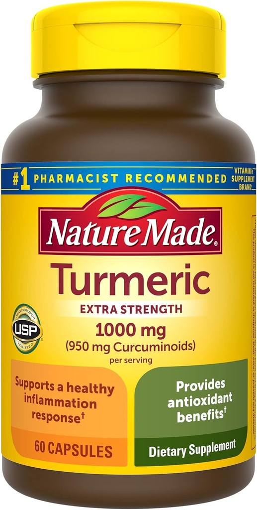 Nature Made Extra Strength Curcumine curcuma avec poivre noir, 1000mg Extrait curcuma par portion (standardisé à 95% Curcuminoïdes), soutient une réponse d'inflammation saine, 60 Capsules végétariennes
