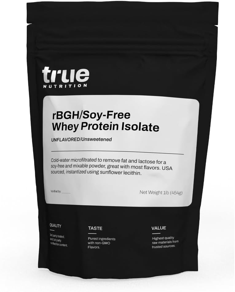 True Nutrition - rBGH/Soy Free Sūkalu proteīns Izolāts [Piens] - 100% Zāles kausētu sūkalu proteīnu pulveris ar Essential aminoskābēm - Nav pievienoti hormoni vai antibiotikas (nesaldināti, 1 lb)