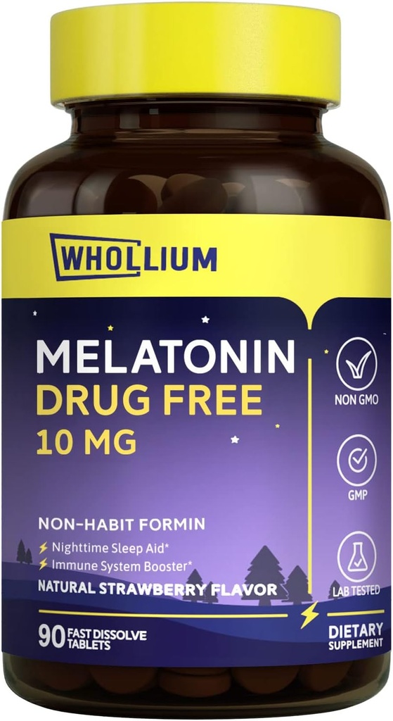 Melatonina 10 mg, Sabor de Fresa Natural, Descanso Nocturno, Calma Mente, 90 Tabs