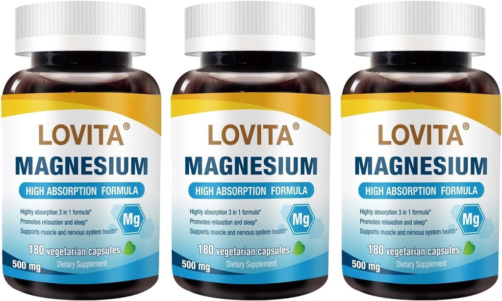 Lovita Triple Magnesium Complex 500 mg, High Absorption and Potency Formel, Glycinate, Citrate & Oxide, Support Sleep, Afslapning, Heart, Nerves & Bone Health, 180 Vegankapsler (pakning med 3)