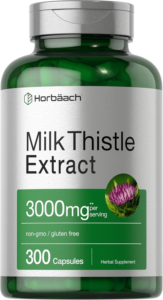 Horbäach Milk Thistle Supplement | 3000mg | 300 капсул | Травяной экстракт | Без ГМО, без глютена