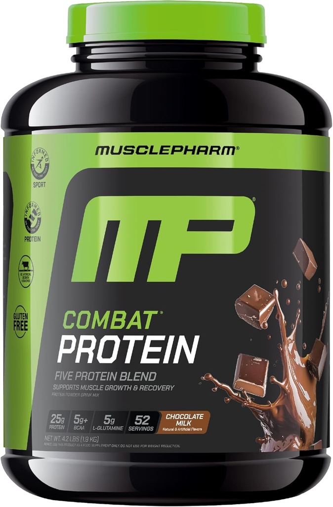 MusclePharm Combat Protein Toz, Şokolad Süt Flavor, Productive Workouts üçün Yanacaqlar, 5 Protein Sources Whey Protein Isolate & Egg Albumin, Gluten Pulsuz, 4.2 lb, 52 Xidmət