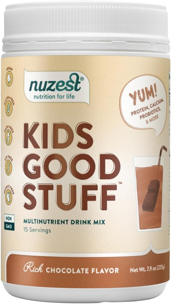 Nuzest - Kids Good Stuff - Vegan Smoothie Mix - Rich Chocolate - Multivitamin Nutritional Supplement Protein Shake - Dairy Free - Supporting Growth and Development - 225g/ 7.9 oz (15 Servings)