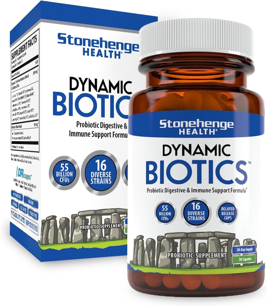 Stonehenge Health Probióticos 55 bilhões de UFC - 16 Strains, Prebióticos, Biotics dinâmicos Synbióticos - Lactobacillus Acidophilus, Atraso de liberação, prateleira estável, não-GMO Gluten Veggie Cápsula