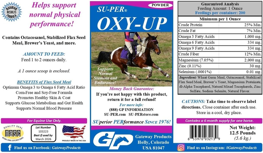 SU-PER Oxy-Up Performance Horse Supplement - Supports Normal Stamina and Endurance - Wheat Germ Extract, B-Complex Vitamins, Magnesium - 12.5 Pound, 6 Month Supply