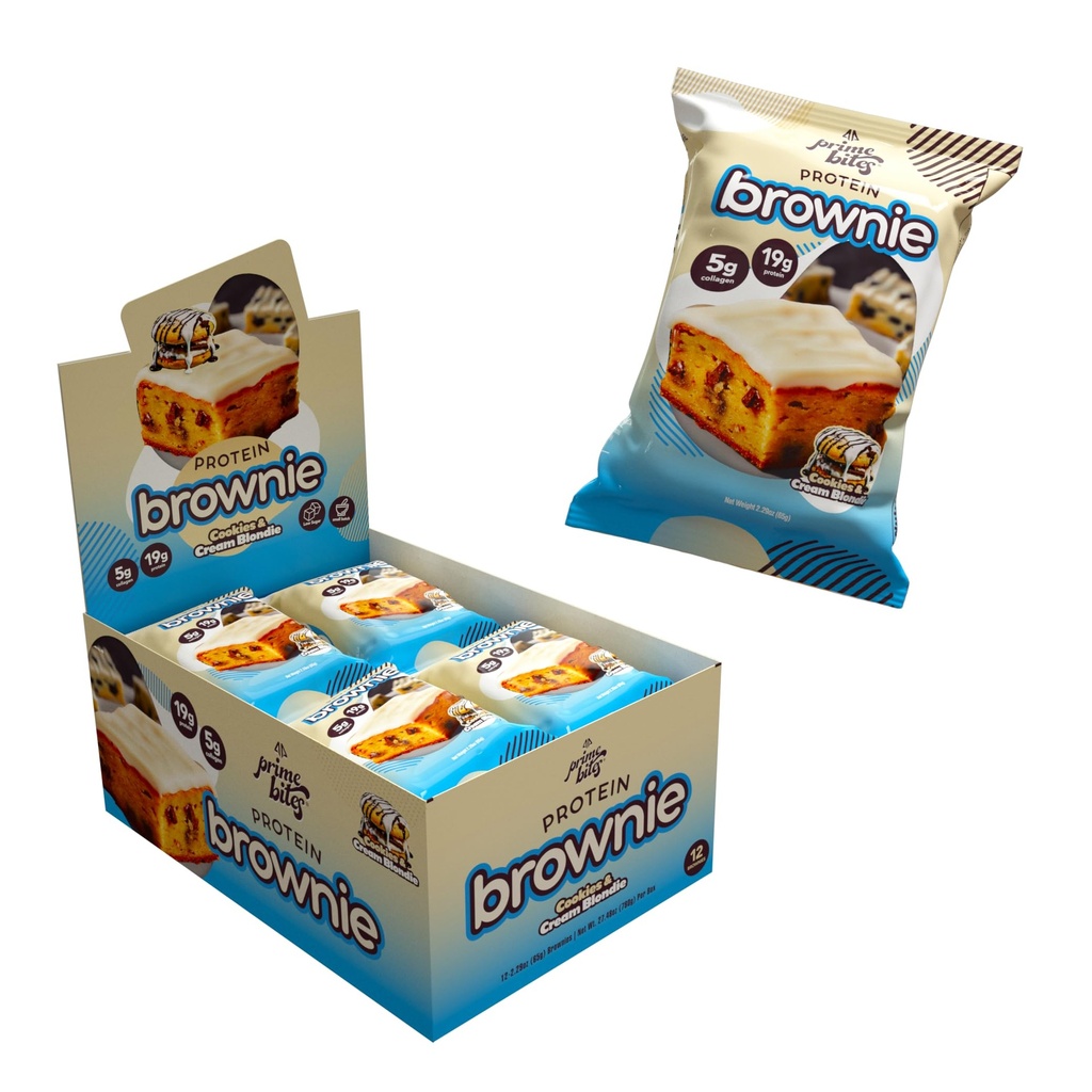 Prime Bites High Protein Brownie (12 Per Box, Cookies & Cream Blondie) - 19g of Protein, 5g of Collagen, Gluten Free, Low Sugar Treat, Delicious Protein Snack