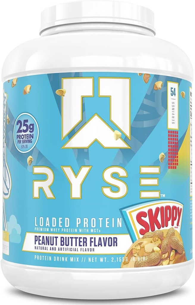 RYSE Loaded Protein Powder - Skippy Peanut Butter - 25g Whey Protein Isolate " Concentrate with Prebiotic Fiber " MCTs - Low Carb, Low Sugar, Digestive-Friendly - 54 Servings / 4 lb Tub