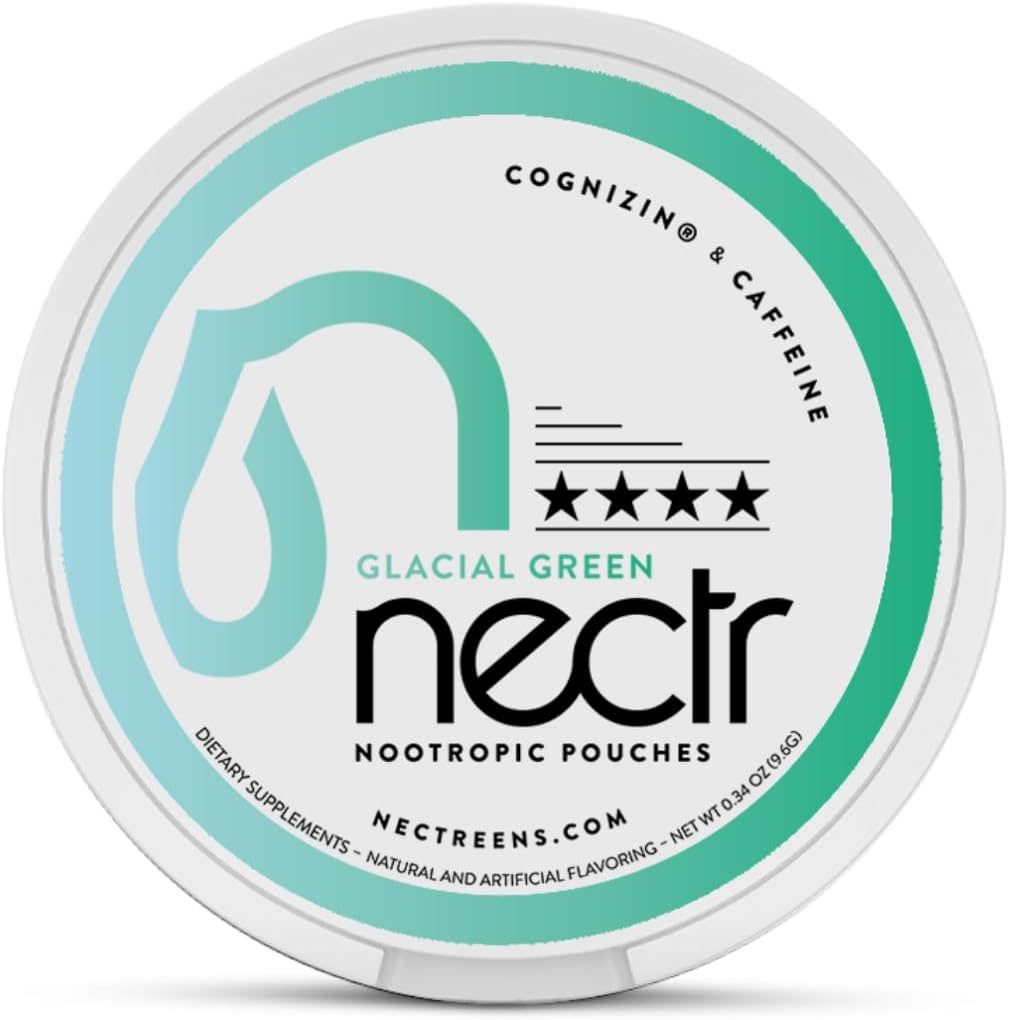 Nectr Energy Nootropic Pouches — Glacial Green Wintergreen Caffeine Pouches with Cognizin Citicoline. مُعاملات مخية خالية من السكر. Smooth, Sustained Focus ' Energy supplement - 1 Puck of 16pcs