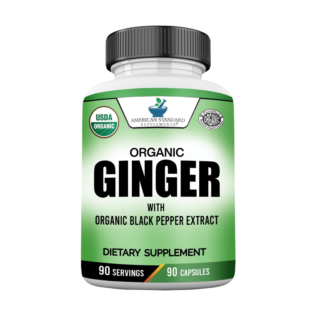 American Standard Supplements Organic Ginger Extract with Organic Black Pepper Extract, Vegan, Gluten Free, Non-GMO, 90 Capsules, 90 Servings