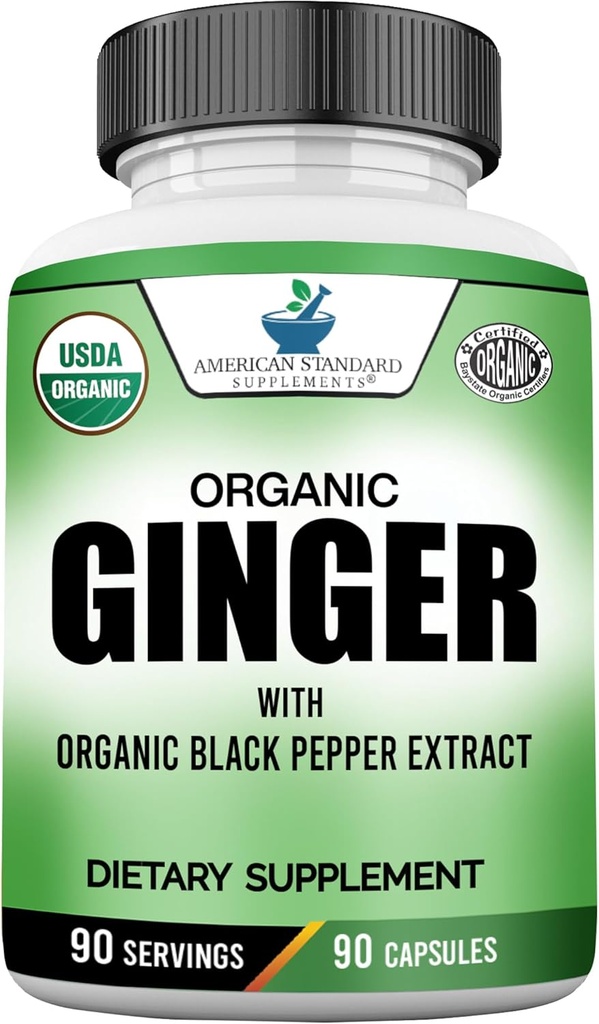 American Standard Supplements Organic Ginger Extract with Organic Black Pepper Extract, Vegan, Gluten Free, Non-GMO, 90 Kapsule, 90 Servings