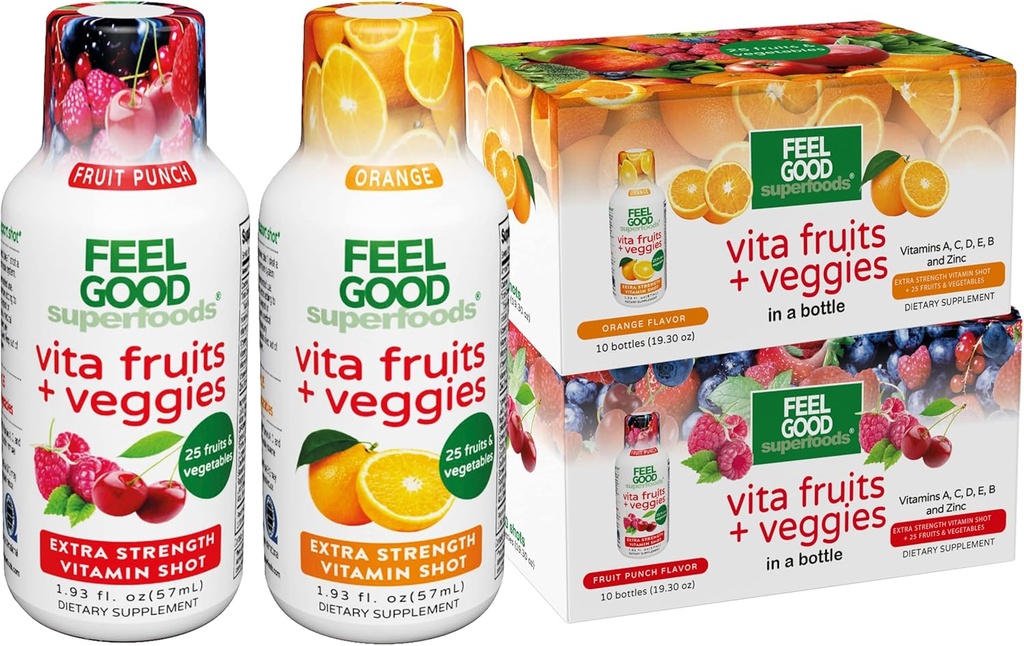 FeelGood Superfoods Vita Fruits and Veggies Immune Support Shot Supplements, 25 Organic Fruits and Veggies, Ready to Drink Imunity Booster, 10 Orange and 10 Fruit Punch Flavor, Combo Balenie 20