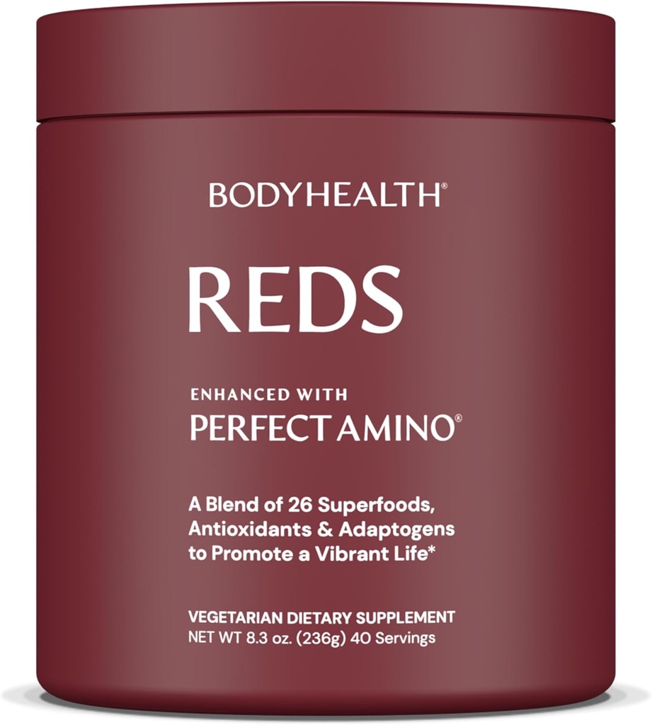 BodyHealth Reds Enhanced with PerfectAmino - Dienos Superfood Smoothie milteliai su antioksidantais, Adaptogenais, Phytonutrients, Vaisiai, Prebiotikai, Probiotikai, Fiber, ir baltymų - 40 Paslaugos
