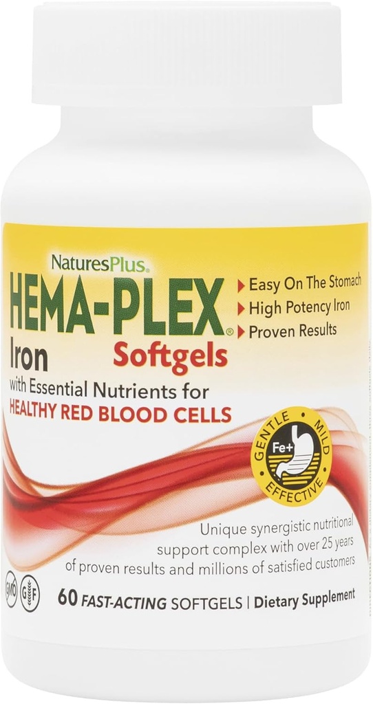 NaturesPlus Hema-Plex Iron - 60 Fast-Acting Softgels - 85 mg Ferro + Vitamina C & Bioflavonoidi per sane cellule di sangue rosso - Vegan, Gluten Free - 20 Serve