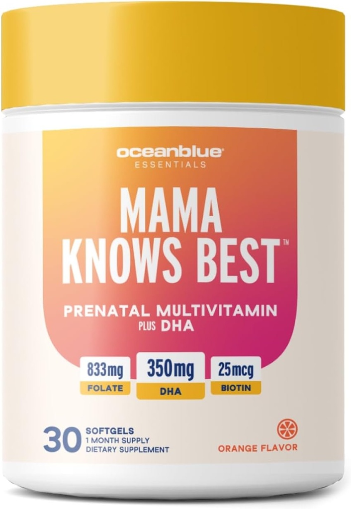 Oceanblue Essentials Mama Knows Best - 30ct - Multivitamínico prenatal con Omega-3 DHA - Apoia un embarazo saudable - Fácil de Swallow Softgels - Tasty Orange Flavor - 1 mes de subministración