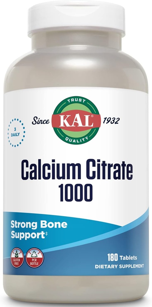 citrato de calcio KAL 1000mg, suplementos de calcio para mulleres e homes, saúde ósea, dentes, soporte nervioso, muscular e cardiovascular do sistema, Gluten gratis e Lab Verificado, 60 porcións, 180 tabletas