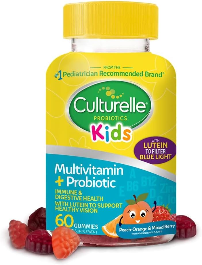 Culturelle Kids Multivitamin + Probiotic för barn (åldrar 2 +) - 60 greve, Peach-Orange & Mixed Berry smak - Digestive Health & Immune Support Gummies med lutein för att stödja ögonhälsa