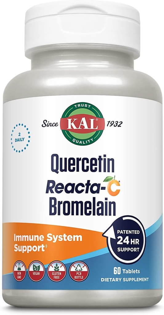KAL Quercetin Reacta-C Bromelain Imune Suporte Suplemento, 24 horas de defesa imunitária com bioflavonóides, Vitamina C 1000mg e Quercetin 500mg, Vegan, Gluten Free, 60-Day Garantia, 30 Serv, 60 comprimidos