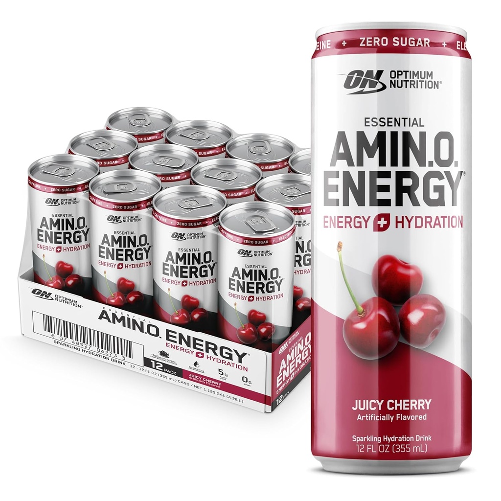 Оптимално хранене Amino Energy Sparkling Hydration Drink, Електролити, Кофеин, Аминокиселини, BCAAs, Без захар, сочна череша, 12 Fl Oz, 12 Pack (Packaging May Vary)