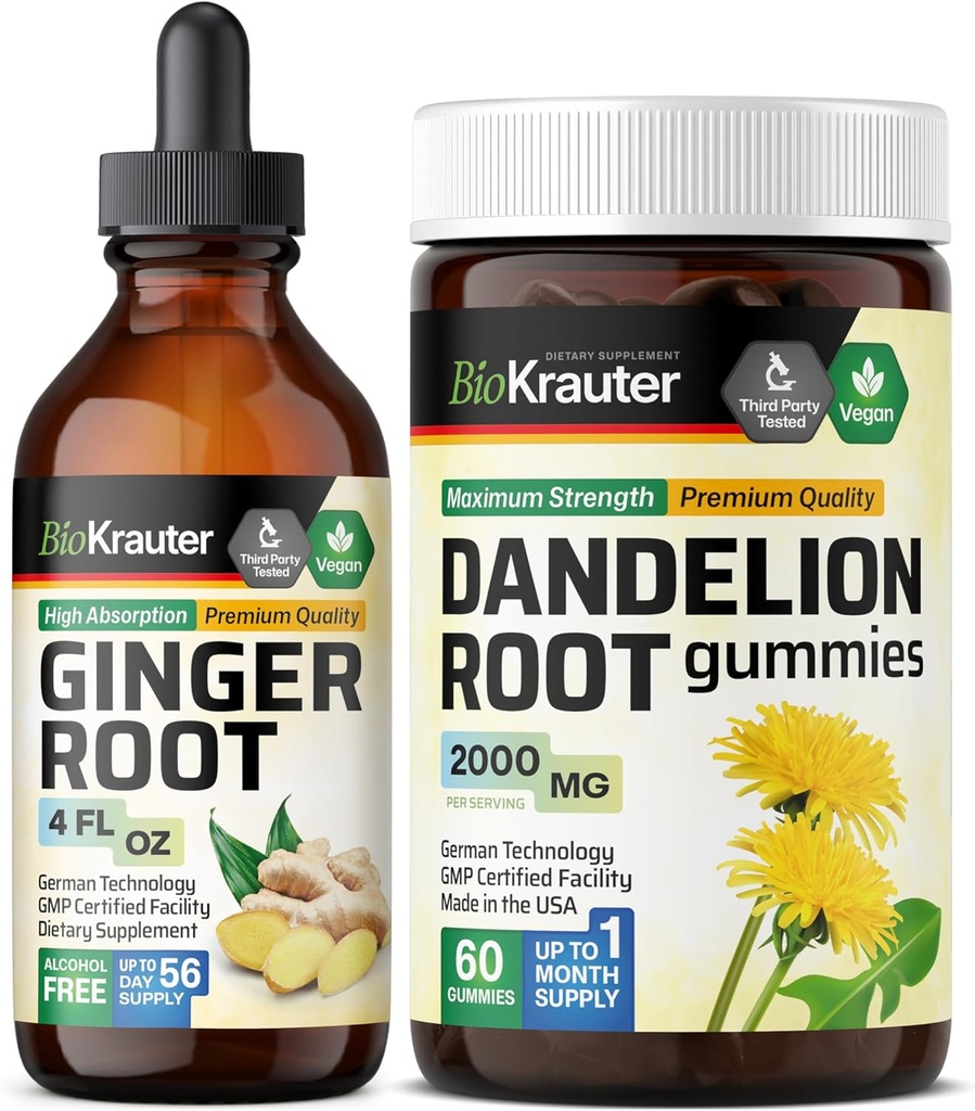 BIO KRAUTER Ginger Root Tincture 4 Fl. Oz. & Dandelion 60 Gummies