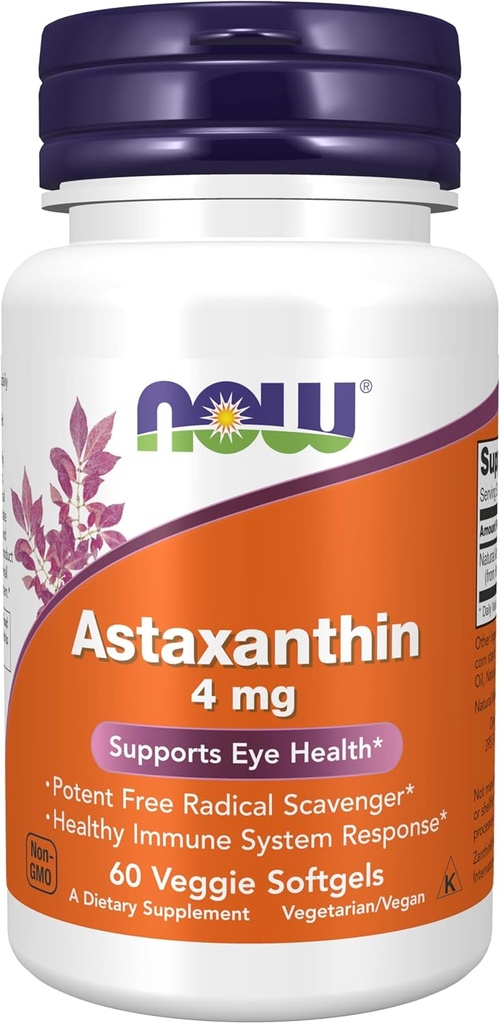 NOW Foods Supplements, Astaksantin 4 mg, funkcije Zantin®, Podpira zdravje oči*, 60 Veg Softgels