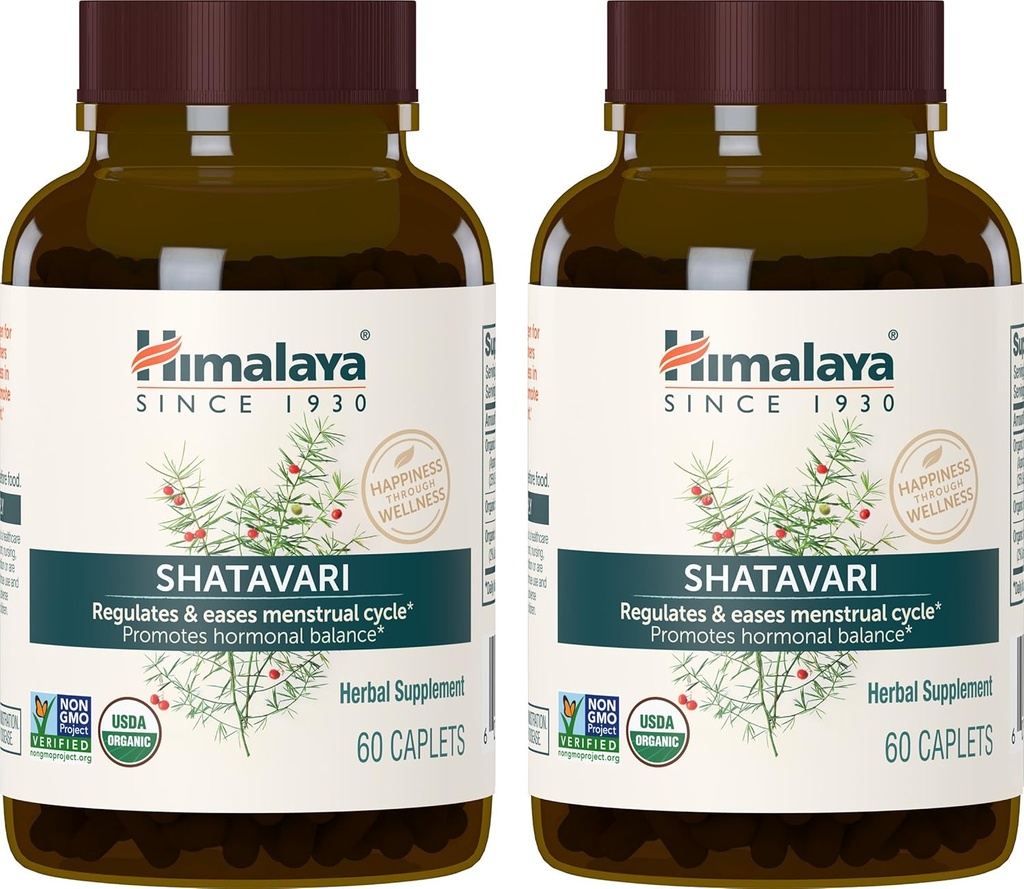 Himalaya Organic Shatavari för PMS, Menstrual Cramp Relief, Menopause Support och Women's Health, 1,300 mg, 60 Caplets, 2 Month Supply, 2 Pack