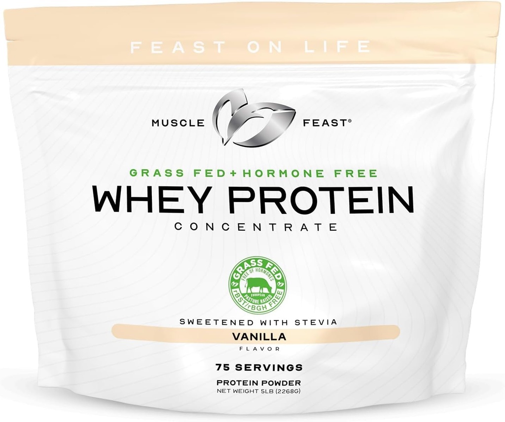 Muscle Feast Grass-Fed Whey Protein Concentrate Powder, All Natural, Hormone Free Pasture Raised Whey Protein Powder for Women ' Men, Clean, Non-GMO " Gluten Free Whey Concentrate - Vanilla, 5lb