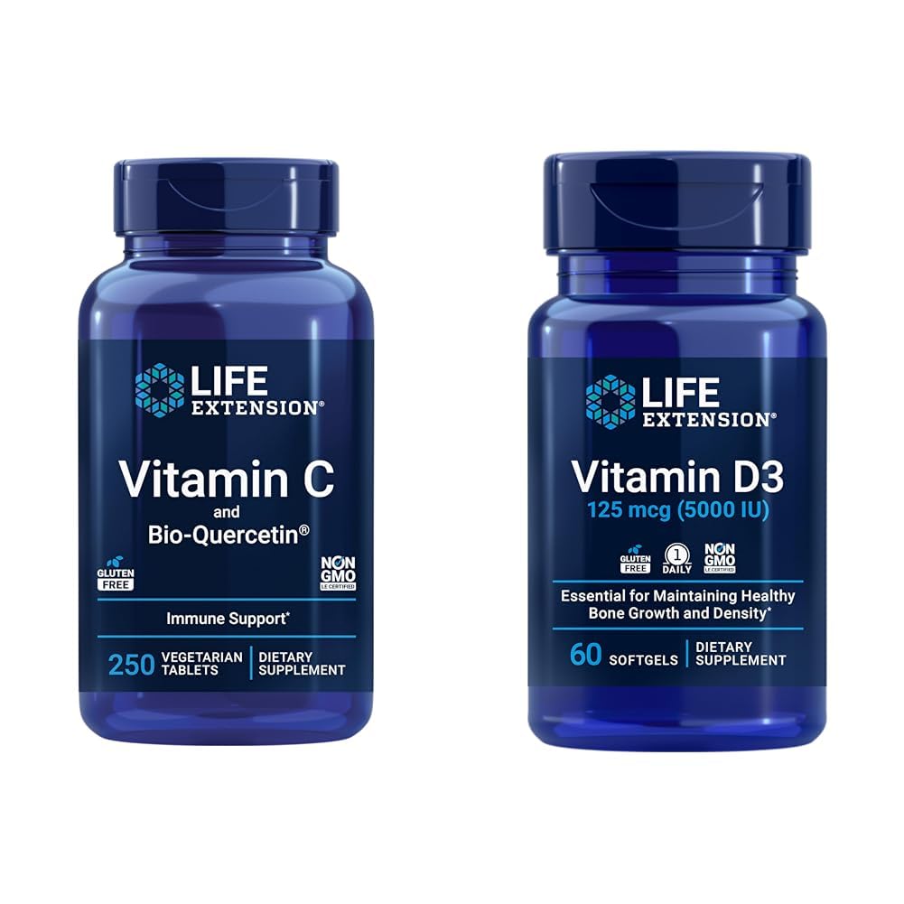 Life Extension Vitamin C & Quercetin Plus Vitamin D3 5000 IU - 250 Tablets Vitamin C Immune Support Plus 60 Vitamin D3 Softgels for Bone, Brain & Immune Health