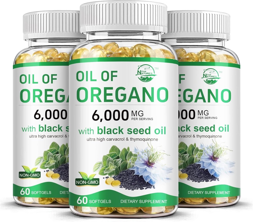 Luonnon elävä Oil of Oregano ja musta siemenöljy, 2 in 1 Oregano Supplement for Immun Health, Retains High Thymokinone, ei-GMO, 3 pakkaus