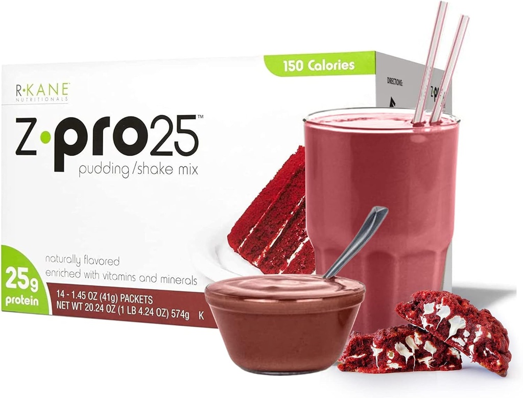 R- Kane Nutritionals Z- Pro Red Velvet Protein Drink Mix - Wysoka zawartość białka, niskokaloryczne niskotłuszczowe shake i Pudding Mix - Wymiana posiłków, Pakiety on- The- - Breakfast Boost - 25g Protein - 14 Pakiety