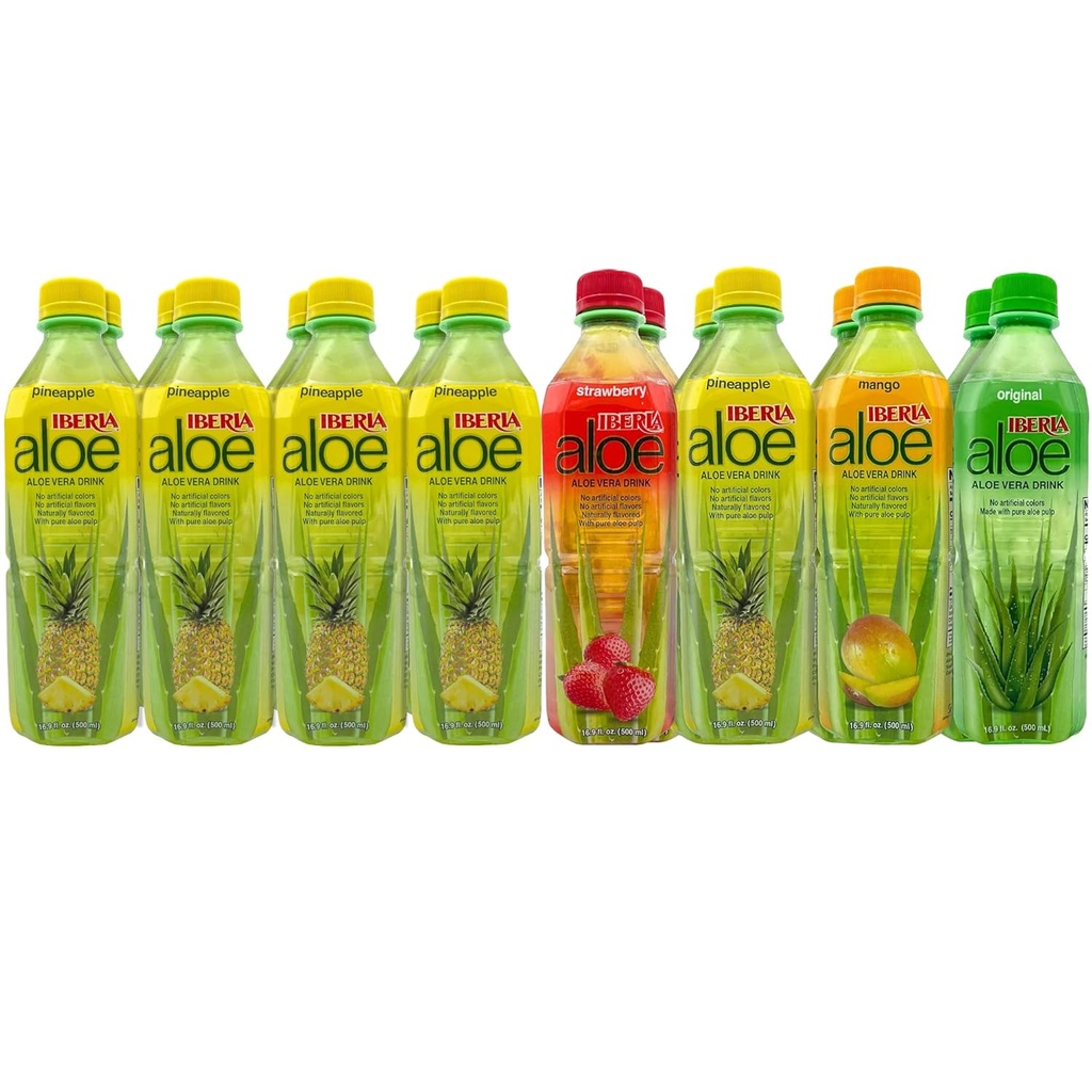 Iberia Aloe Vera Jook Pure Aloe Pulp (Pack of 16) 10 x Ananass, 2 x Algne, 2 x Maasikas, 2 x Mango