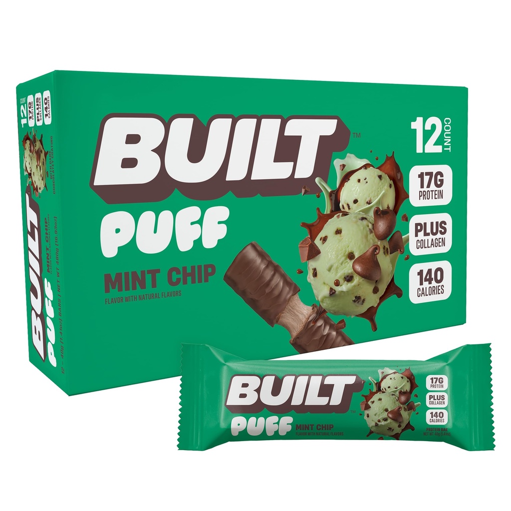 BUILT Bar Puff Protein Bars - Mint Chip - 17g Protein Snack Bars with Collagen - Calorie Conscious & Gluten Free - 12 Count
