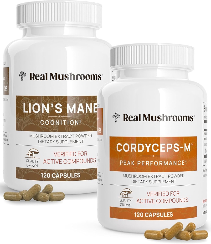 Lions Mane (120ct) e Cordyceps (120ct) Capsule Bundle - Mushroom Supplemento per cognizione, energia e resistenza