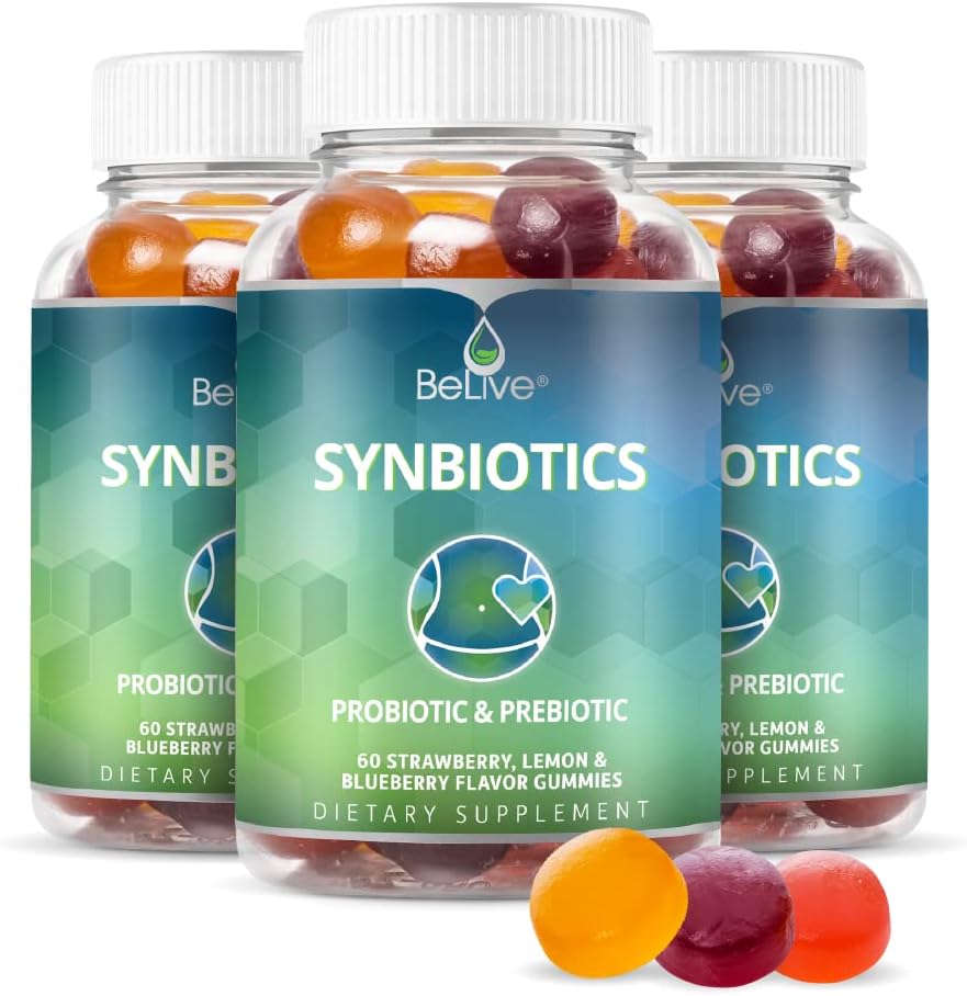BeLive Synbiotics - Probiotic & Prebiotic Fiber Gummies - 고강도 Inulin (3g), Dietary Fiber Supplement, 어린이 및 성인을위한 소화 지원 - 딸기, 레몬, 블루 베리 맛 | 3-Pack
