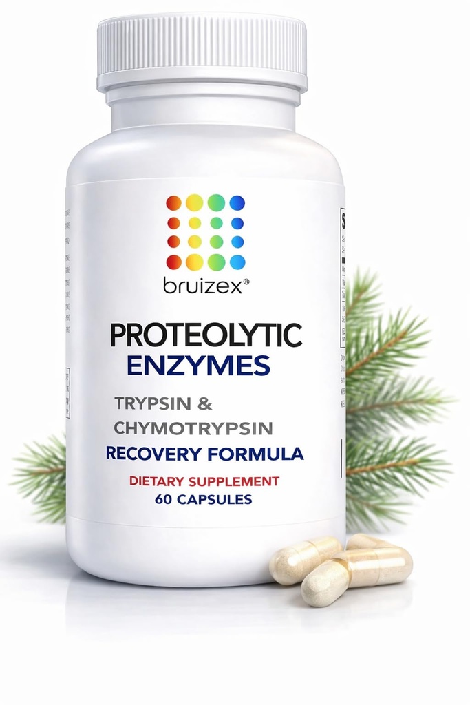 Bruizex Proteolytic Enzymes | Trypsin & Chymotrypsin Recovery Supplement for Tissue Trauma, Bruising, Swelling | Immune System Support Formula | 60 Caps