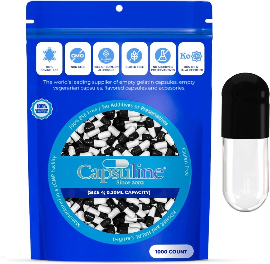 Mida de Capsuline 4 buida Gelatin Capsules, Negre/ Surd - 1000 comte Guten Free, Kosher, No-GMO Certified  Pur Bovine Pill Caps per a DIY suplementari
