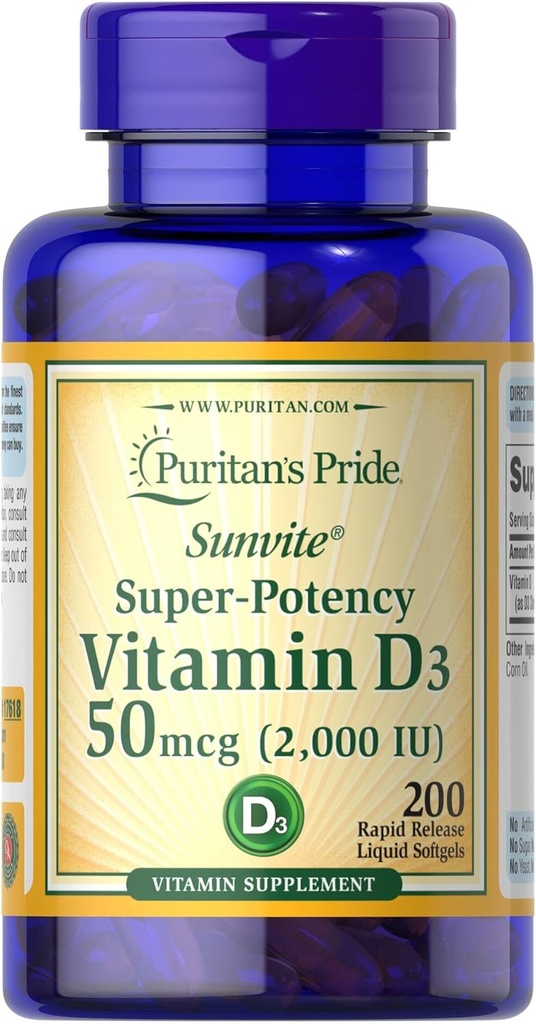 Vitamin D3 50mcg (2,000 IU) Bolsters Immune Health by Puritan' Pride for Support of Immune Health and Healthy Bones and Teeth 200 Softgels